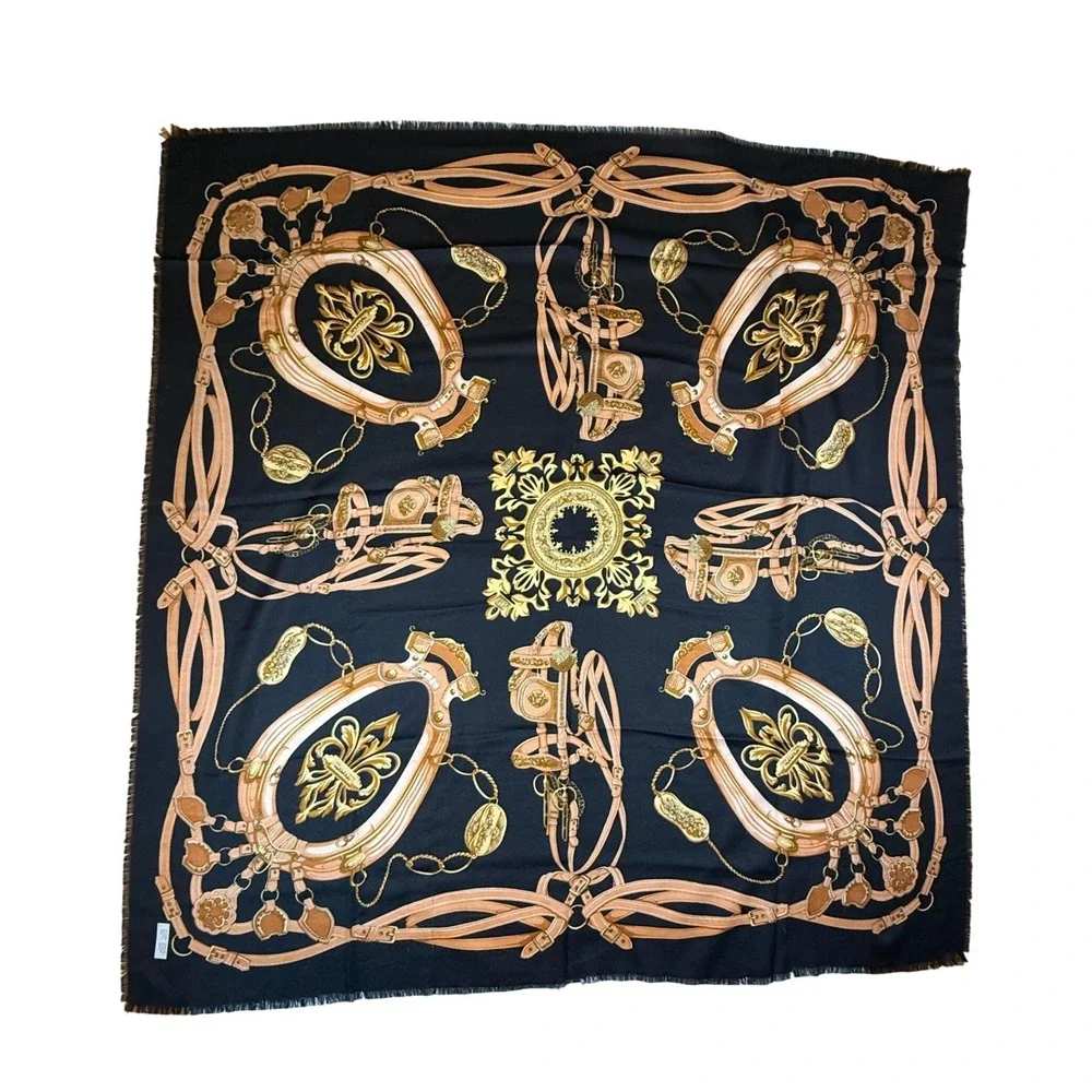 VTG Ray Strauss‎ Equestrian Scarf Black Gold Chain & Bit Fringe 46